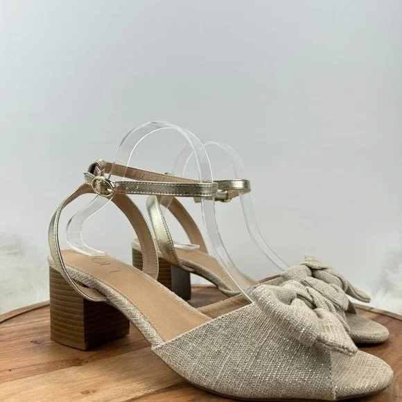 LOFT Beige Woven Bow Block Heel Ankle Strap Sz 9.5M Sandals Gold Shimmer Party - Picture 4 of 12
